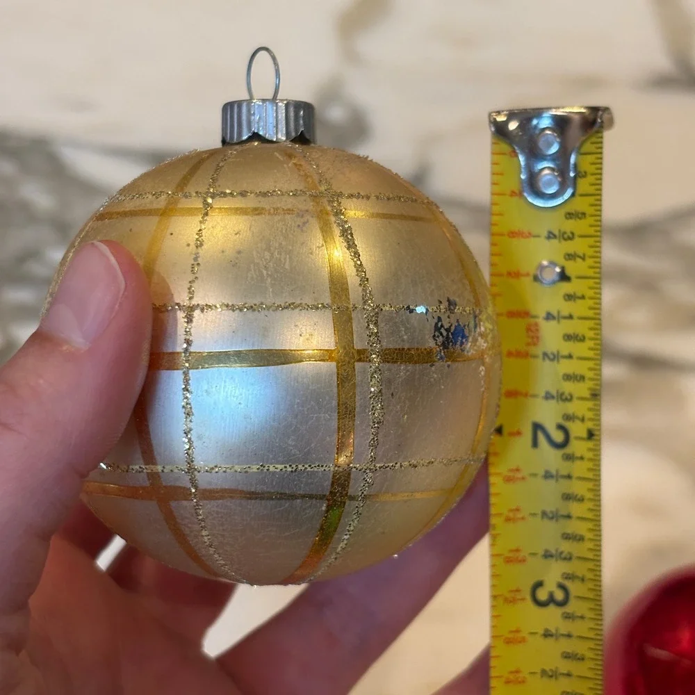 Assorted Vintage MCM Glass Ball Christmas Ornaments Red Gold Silver Set 6pc